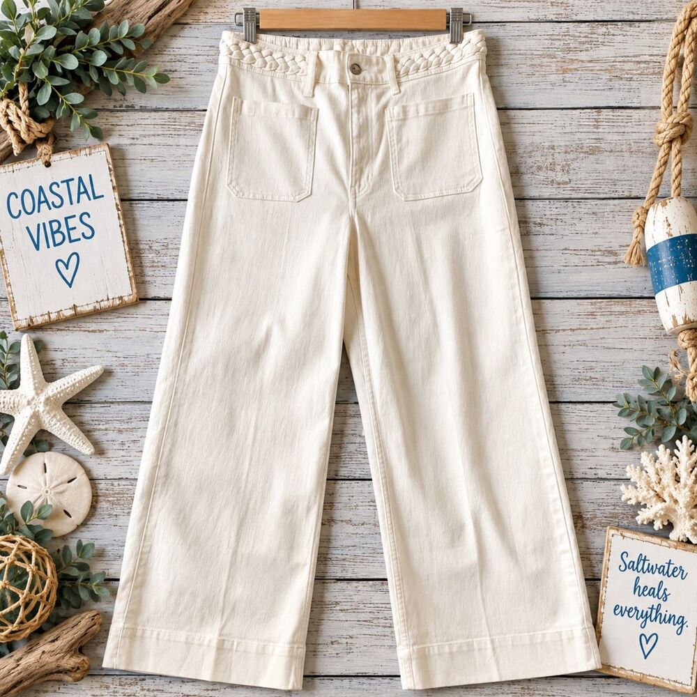 H&M Wide High White Jeans Braided Waist Wide Leg Size 14